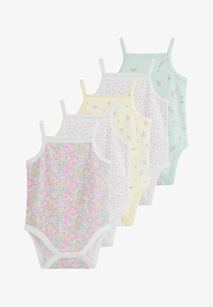 Fem ærmeløse babyheldragter med hvide kanter, hver med forskellige pastelfarvede blomsterprint i blå, gul, hvid og mintfarve.