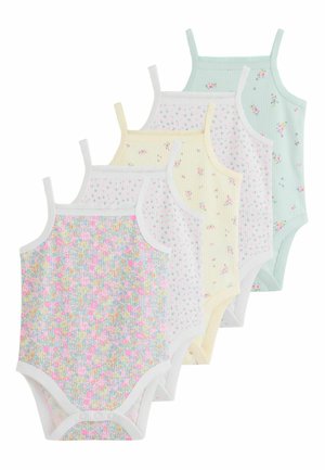 Fünf ärmellose Babybodys mit weißem Rand, jeder mit verschiedenen pastellfarbenen Blumenmustern in Blau, Gelb, Weiß und Mint.