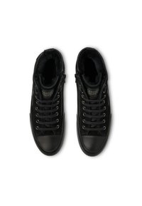 Black high-top sneakers with faux fur lining, smooth leather toe cap, flat laces, and side zipper. Textured suede upper and metal eyelets.