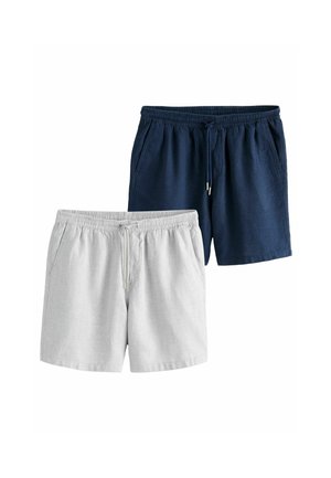 Two pairs of shorts: one light gray and one dark navy. Both feature an elastic waistband, drawstring, and side pockets. Soft fabric texture.