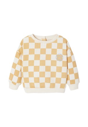 Gelb-weiß kariertes Sweatshirt mit Rundhalsausschnitt, langen Ärmeln und gerippten Bündchen. Mit einem blauen Grafikdesign auf der Brust. Aus Baumwolle.