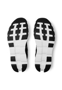 Suelas de zapatillas deportivas negras con acentos blancos contrastantes, goma texturizada y un patrón de banda de rodadura multidireccional para una mejor tracción.