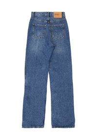 Blue denim jeans with a straight leg design, frayed hem, and two back pockets. Features a branded tan leather patch at the waistband.