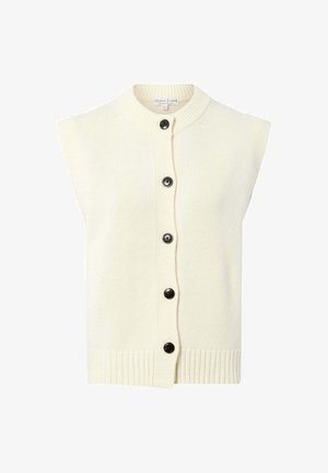 Light cream sleeveless knit vest with a ribbed hem, featuring a button-down front with five dark buttons. Simple, clean design.