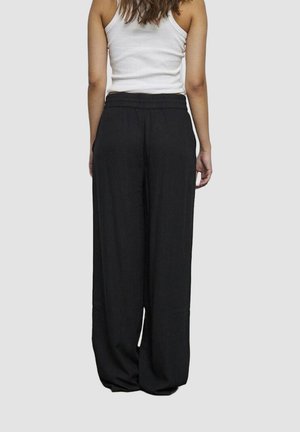 Pantalones negros de pierna ancha con un corte relajado, que cuentan con una cinturilla con cordón y una tela ligera y texturizada, mostrados desde la parte posterior.