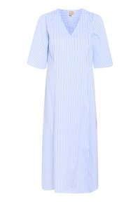 Modra in bela črtasta obleka do kolen, z V-izrezom in kratkimi rokavi. Narejena iz lahkotnega materiala, ki ima subtilno teksturo.