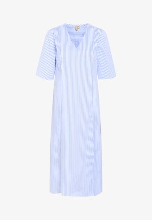 Svītraina vidēja garuma kleita gaiši zilā un baltā krāsā ar V veida izgriezumu, īsām piedurknēm un vaļēju formu. Gluda auduma ar vertikālām svītrām.