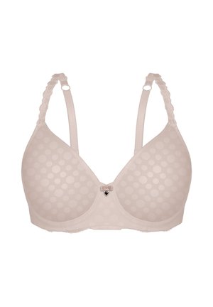 BH aus glattem, hellrosa Stoff mit dezentem Polka-Dot-Muster, Spitzenbesatz an den Trägern und einem kleinen Herz-Akzent an der vorderen Mitte.
