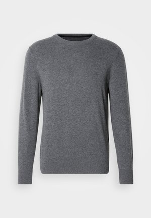 Gray knit sweater with a round neckline and long sleeves. Features ribbed cuffs and hem, smooth texture, and a small logo on the chest.