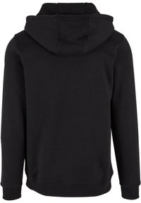 Felpa nera con cappuccio, tessuto morbido, vestibilità regolare, polsini e orlo a coste, con un grande cappuccio e senza tasche frontali o dettagli di design.