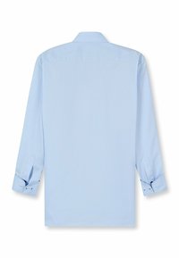 Hellblaues Langarmhemd mit Standardkragen und geknöpften Manschetten. Glatte Textur, einfaches Design, keine sichtbaren Muster oder Akzente.