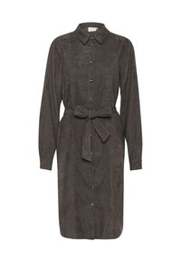 Langslippige, antracietgrijze jurk gemaakt van corduroy met een knoopsluiting aan de voorkant, kraag en een stoffen ceintuur op de taille.
