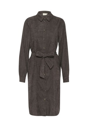 Abito camicia a maniche lunghe di un grigio ardesia realizzato in corduroy, con chiusura frontale a bottoni, colletto e cintura in tessuto in vita.