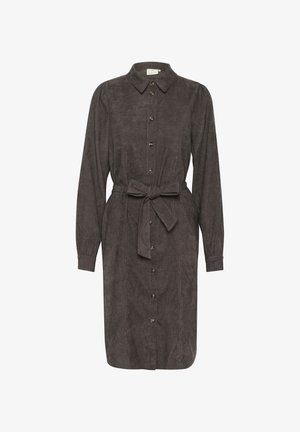 Rochie din bumbac cu mânecă lungă, de culoare gri cărbune, realizată din țesătură de catifea cu un sistem de închidere cu butoni, guler și cordon din același material la talie.