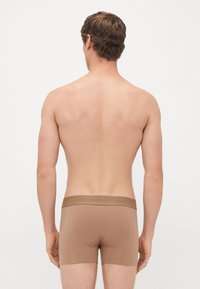 Mann von hinten gesehen, der braune Boxershorts mit markantem Bund trägt und vor einem schlichten weißen Hintergrund steht.