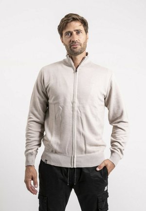 Homme aux cheveux bruns clairs et à la barbe portant un pull beige à fermeture éclair et un pantalon cargo noir, debout devant un fond blanc uni.