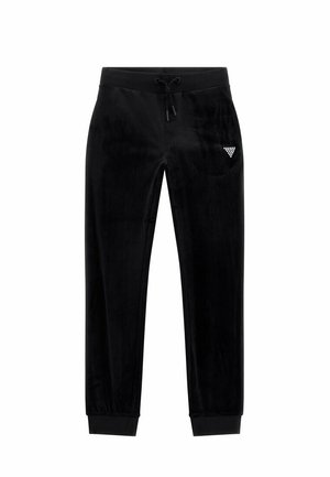 Pantalons en velours noir avec une taille à cordon, des poignets fuselés et un petit logo triangulaire brodé sur la poche avant gauche.