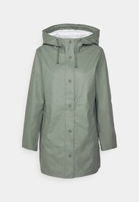 Grüne wasserdichte Jacke mit Kapuze, Druckknopfverschluss, Seitentaschen und glatter Oberfläche. Verfügt über verstellbare Kordeln am Hals.