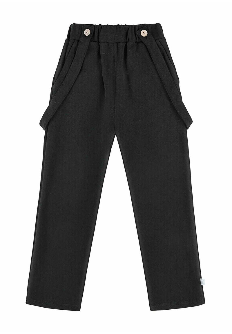 Czarne spodnie z dopasowanym pasem, z dwoma fałdami z przodu, regulowanym pasem i akcentami w postaci drewnianych guzików. Miękka tekstura, prosty krój.
