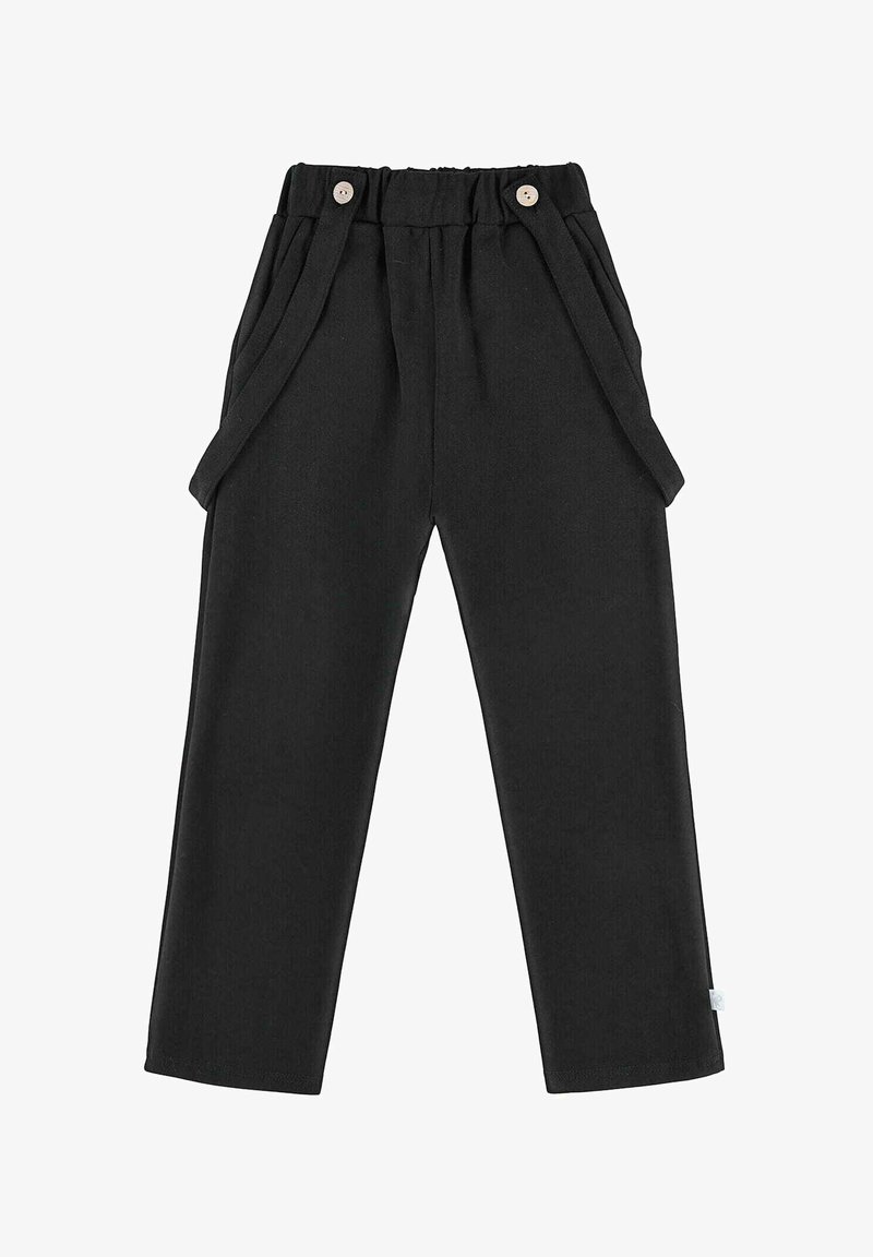 Czarne spodnie z dopasowanym pasem, z dwoma fałdami z przodu, regulowanym pasem i akcentami w postaci drewnianych guzików. Miękka tekstura, prosty krój.