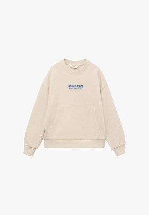 Felpa beige in morbido tessuto, con collo rotondo, maniche lunghe, polsini a coste, tasca frontale e testo blu "Match Point".