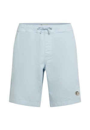 Jasnoniebieskie spodenki kąpielowe z elastycznym pasem, sznurkiem do regulacji, bocznymi kieszeniami oraz naszywką z logo na dolnej części prawej nogawki. Gładka faktura.