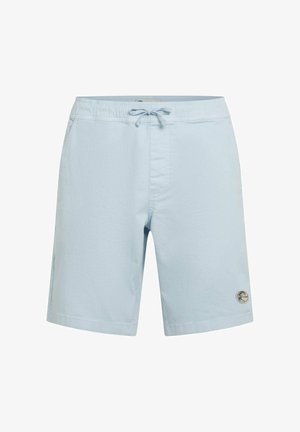 Jasnoniebieskie spodenki kąpielowe z elastycznym pasem, sznurkiem do regulacji, bocznymi kieszeniami oraz naszywką z logo na dolnej części prawej nogawki. Gładka faktura.