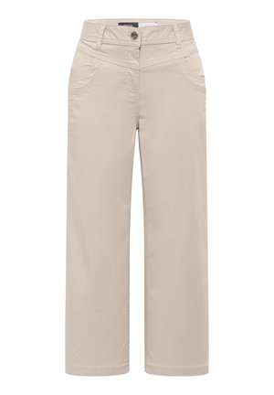 Pantalon beige à jambes larges avec bouton frontal, fermeture éclair, deux poches avant, passants pour ceinture et détails de couture visibles.