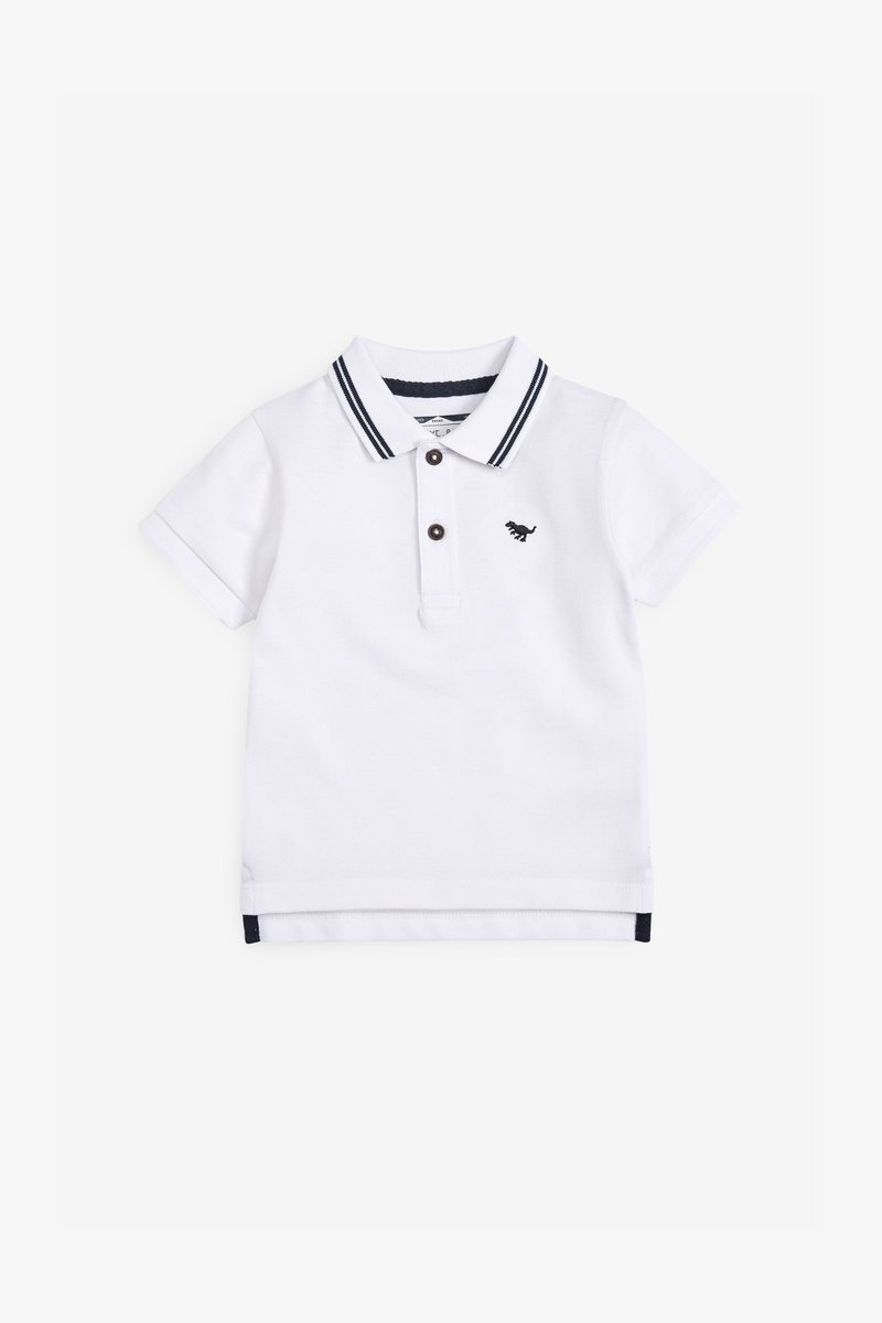 White short-sleeve polo shirt with black striped collar, two dark buttons, and a small black dinosaur logo on the left chest.