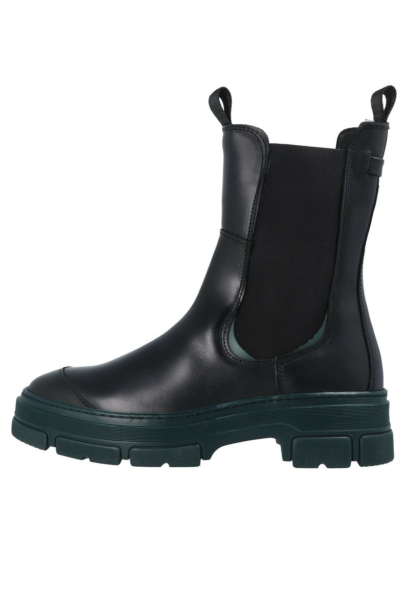 Black leather ankle boot with elastic side panels, thick textured rubber sole in dark green, and pull tabs for easy wear.
