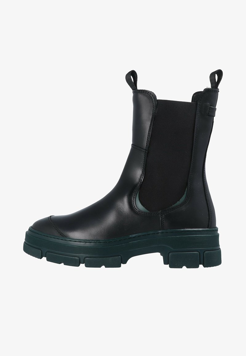 Black leather ankle boot with elastic side panels, thick textured rubber sole in dark green, and pull tabs for easy wear.