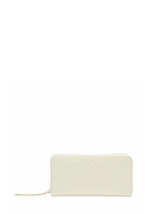 Portafoglio bianco con cerniera, con motivo embossato, forma rettangolare piatta, superficie liscia e una sottile linguetta per la cerniera sul lato.