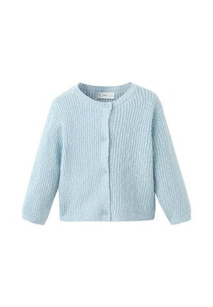 Lyseblå strikket cardigan med lange ærmer og knaplukning foran, tekstureret vertikalt ribmønster, rund halsudskæring.