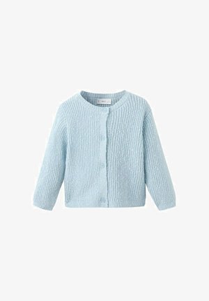 Cardigan lavorato a maglia di colore azzurro chiaro con maniche lunghe e chiusura frontale con bottoni, motivo a coste verticali testurizzato, scollo rotondo.