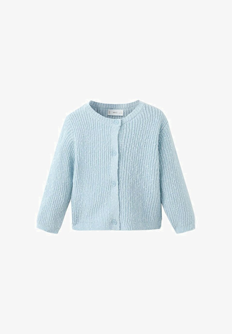 Cardigan bleu clair en tricot avec manches longues et fermeture à boutons sur le devant, motif côtelé vertical texturé, encolure ronde.