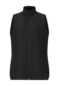 Svart ärmlös väst med hög krage och fullständig framdragkedja. Tillverkad av lätt, slät tyg utan synliga mönster eller detaljer.