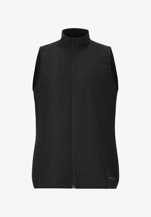 Gilet sans manches noir avec col montant et fermeture éclair frontale complète. Fabriqué en tissu léger et lisse, sans motifs ni accents visibles.