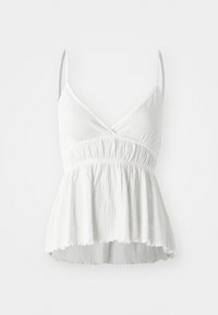 White sleeveless top with a V-neckline, textured fabric, and gathered waist. Features a flared hem and thin adjustable straps.