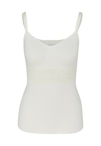 White camisole with adjustable straps and a textured lace waistband. Soft fabric finishes, featuring a v-neck design and smooth silhouette.