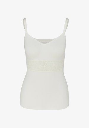 Weißes Top mit verstellbaren Trägern und einem strukturierten Spitzenbund. Weiche Stoffverarbeitung, mit V-Ausschnitt und glatter Silhouette.