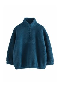 Teal fleece pullover med høj krave, kvart lynlås og oversized pasform. Har tekstureret stof og et broderet logo på brystet.