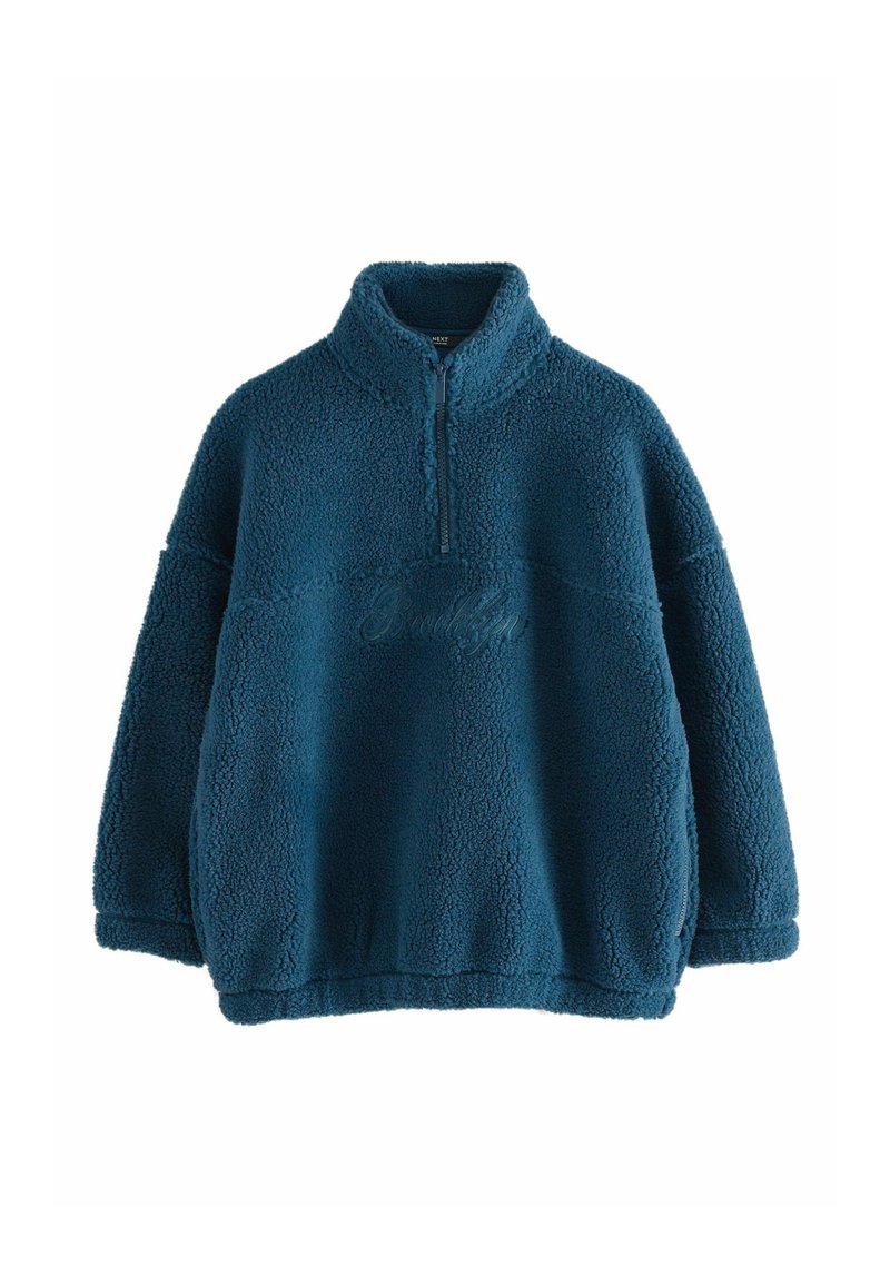 Teal fleece pullover med høj krave, kvart lynlås og oversized pasform. Har tekstureret stof og et broderet logo på brystet.