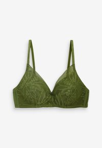 Vihreä pitsinen bralette, jossa on kolmion muotoiset kupit, säädettävät hihnat ja kukkakuviot. Pehmeä kangas, jossa on teksturoitu pinta ja ei ole tukea antavaa langan sisällystä.