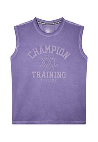 Fioletowy bezrękawnik wykonany z bawełny, z napisem "CHAMPION XXL TRAINING ACADEMY" w kontrastującym białym kolorze na przodzie.