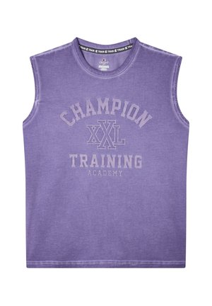Fioletowy bezrękawnik wykonany z bawełny, z napisem "CHAMPION XXL TRAINING ACADEMY" w kontrastującym białym kolorze na przodzie.