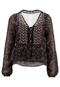 Svart genomskinlig blus med långa ärmar, V-ringning, texturerad tyg, blommiga och paisleymönster, knappstängning och spetsdetaljer längs halsringningen.