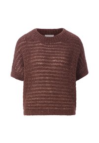 Brauner gestrickter Pullover mit einem strukturierten Muster, kurzen Ärmeln und einem runden Halsausschnitt. Hergestellt aus weichem, locker gewebtem Material.