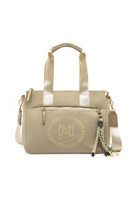 Sac à main rectangulaire beige avec deux poignées courtes, une bandoulière amovible, une poche zippée à l'avant et des pompons tressés multicolores décoratifs.