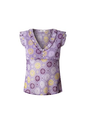 Blouse violette avec des manches volantes, décolleté en V et boutons sur le devant. Présente un motif floral en jaune et blanc sur un tissu texturé.