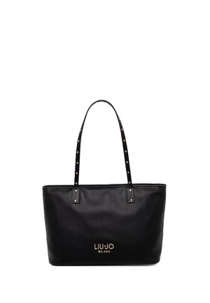 Black leather tote bag with gold studded straps and "LIU JO MILANO" logo in gold lettering on the front.